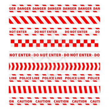Red and white caution tapes, seamless borders set on white