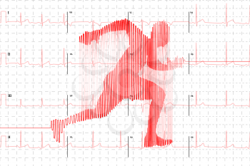 Red human electrocardiogram in runner shape on white graph paper, healthy life concept