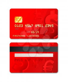 Red realistic credit card from both sides isolated on white