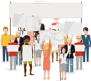Riot demonstration, crowd of people with empty posters with place for text, flat illustration isolated on white