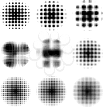Round halftone screen patterns with different dot size isolated on white