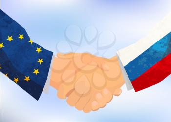 Russia and European Union handshake, concept illustration on blue sky background