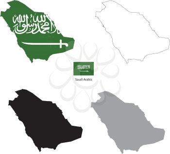 Saudi Arabia country black silhouette and with flag on background, isolated on white
