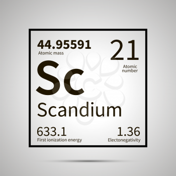 Scandium chemical element with first ionization energy, atomic mass and electronegativity values ,simple black icon with shadow on gray