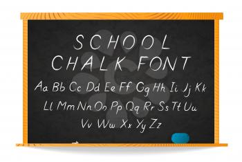 School white chalk hand-drawn cursive font on chalkboard in wooden frame isolated on white
