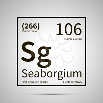 Seaborgium chemical element with first ionization energy, atomic mass and electronegativity values ,simple black icon with shadow on gray