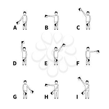 Semaphore signals alphabet, black latin letters isolated on white
