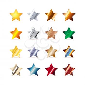 Set of 16 stars made of different metals isolated on white
