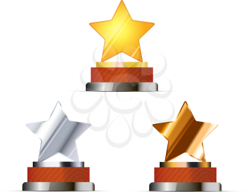 Set of awards for winners with golden, silver and bronze stars isolated on white