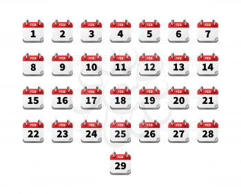 Set of bright realistic icons of calendar on february on white