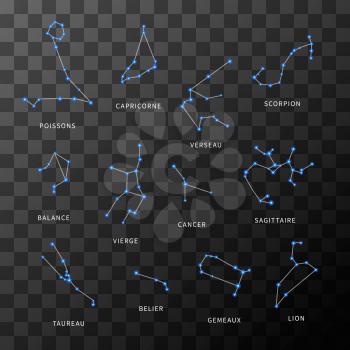 Set of bright zodiac constellations on transparent background