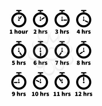 Set of clock faces with different hours values, simple black timers icons isolated on white