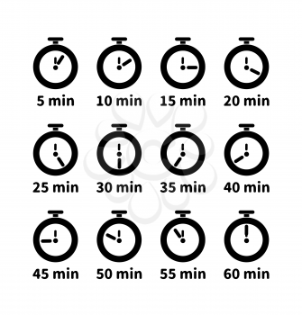 Set of clock faces with different minutes values, simple black timers icons on white