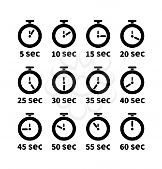 Set of clock faces with different seconds values, simple black timers icons isolated on white