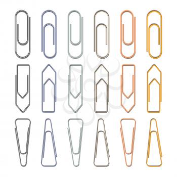 Set of different metal paper clips on white background