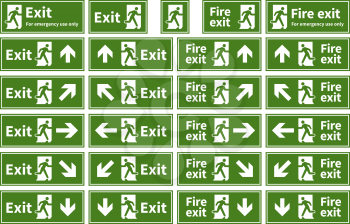 Set of emergency fire exit green signs with different directions isolated on white