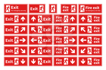 Set of emergency fire exit red signs with different directions isolated on white