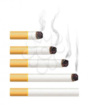Set of five realistic cigarettes with smoke on different stage of smoking, isolated on white