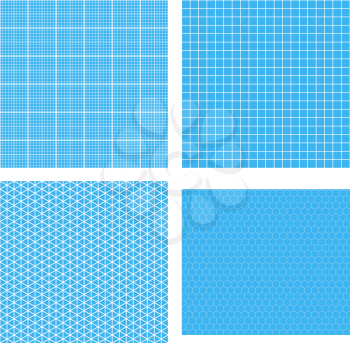 Set of four white geometric grids on cyan background seamless patterns