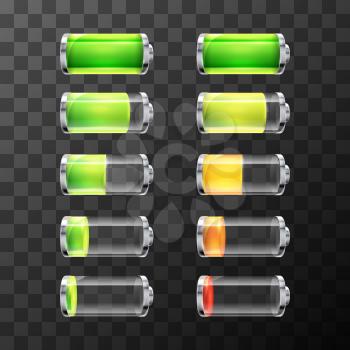 Set of glossy battery icons with different charge level isolated on white