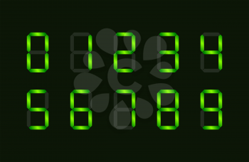 Set of green digital number signs made up from seven segments on dark background