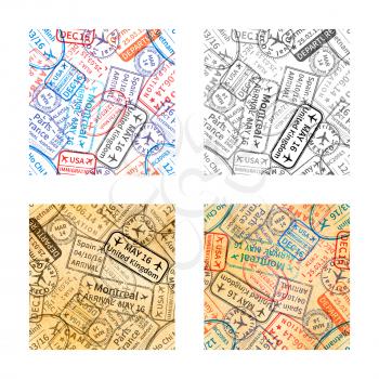 Set of International travel visa rubber stamps imprints seamless patterns