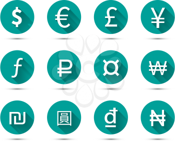 Set of main currency signs flat icons with long shadow on green background isolated on white
