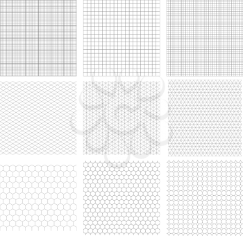 Set of nine gray geometric grids, seamless patterns isolated on white. Millimetric, isometric, hexagonal and circles