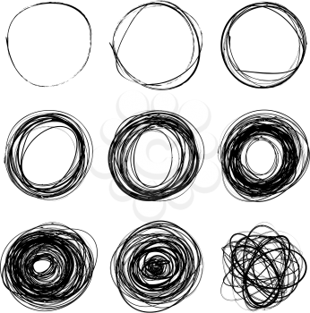 Set of nine hand drawn scribble circles isolated on white