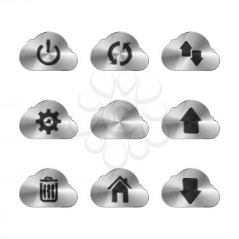 Set of nine metal cloud icons with different interface signs, isolated on white