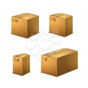 Set of realistic cardboard boxes with cargo signs isolated on white