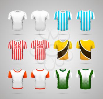 Set of realistic sport t-shirts with bright colorful prints for different commands on white