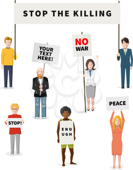 Set of seven demonstrators flat people with different type of banners isolated on white
