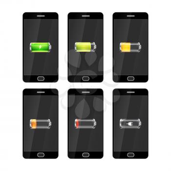 Set of six black smartphones with glossy batteries icons with different charge level