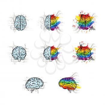 Set of technical and creative hemispheres on human brain in different views, left and right brain functions concepts on white