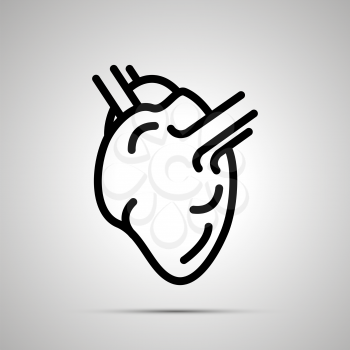 Simple black human heart icon with with shadow on gray