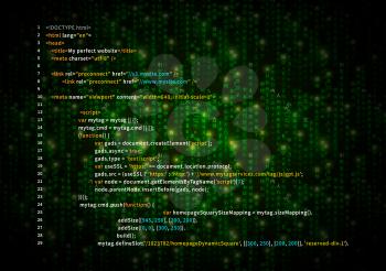 Simple HTML code on green matrix symbols, digital binary code on dark