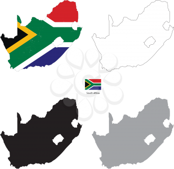 South Africa country black silhouette and with flag on background, isolated on white