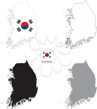 South Korea country black silhouette and with flag on background, isolated on white