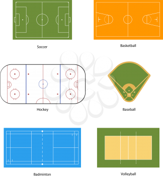 Sport fields marking for soccer, basketball, volleyball, baseball, hockey and badminton, isolated on white