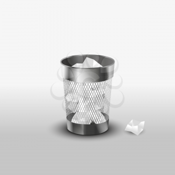 Steel trash can with paper garbage realistic vector icon
