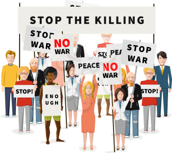 Anti-war demonstration, crowd of people with banners, flat illustration isolated on white