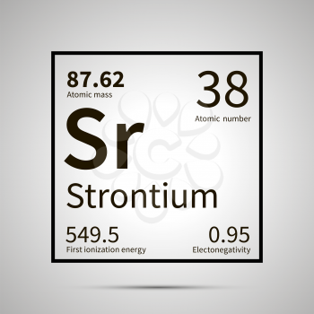 Strontium chemical element with first ionization energy, atomic mass and electronegativity values ,simple black icon with shadow on gray