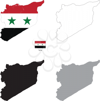 Syria country black silhouette and with flag on background, isolated on white