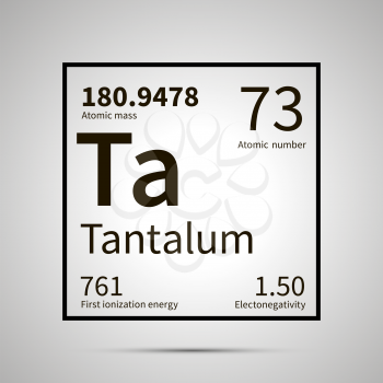 Tantalum chemical element with first ionization energy, atomic mass and electronegativity values ,simple black icon with shadow on gray