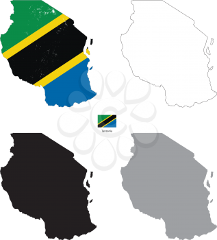 Tanzania country black silhouette and with flag on background, isolated on white