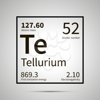 Tellurium chemical element with first ionization energy, atomic mass and electronegativity values ,simple black icon with shadow on gray