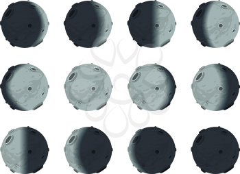 The whole cycle of moon phases from new moon to full, isolated on white