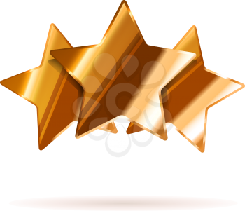Three glossy bronze rating stars with shadow isolated on white