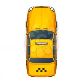 Top view of bright yellow realistic taxi car isolated on white